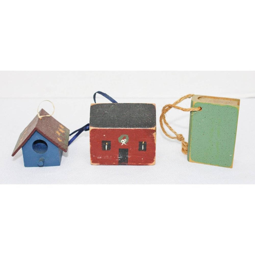 Set of 3 Vintage Wooden Ornaments House, Birdhouse, Book